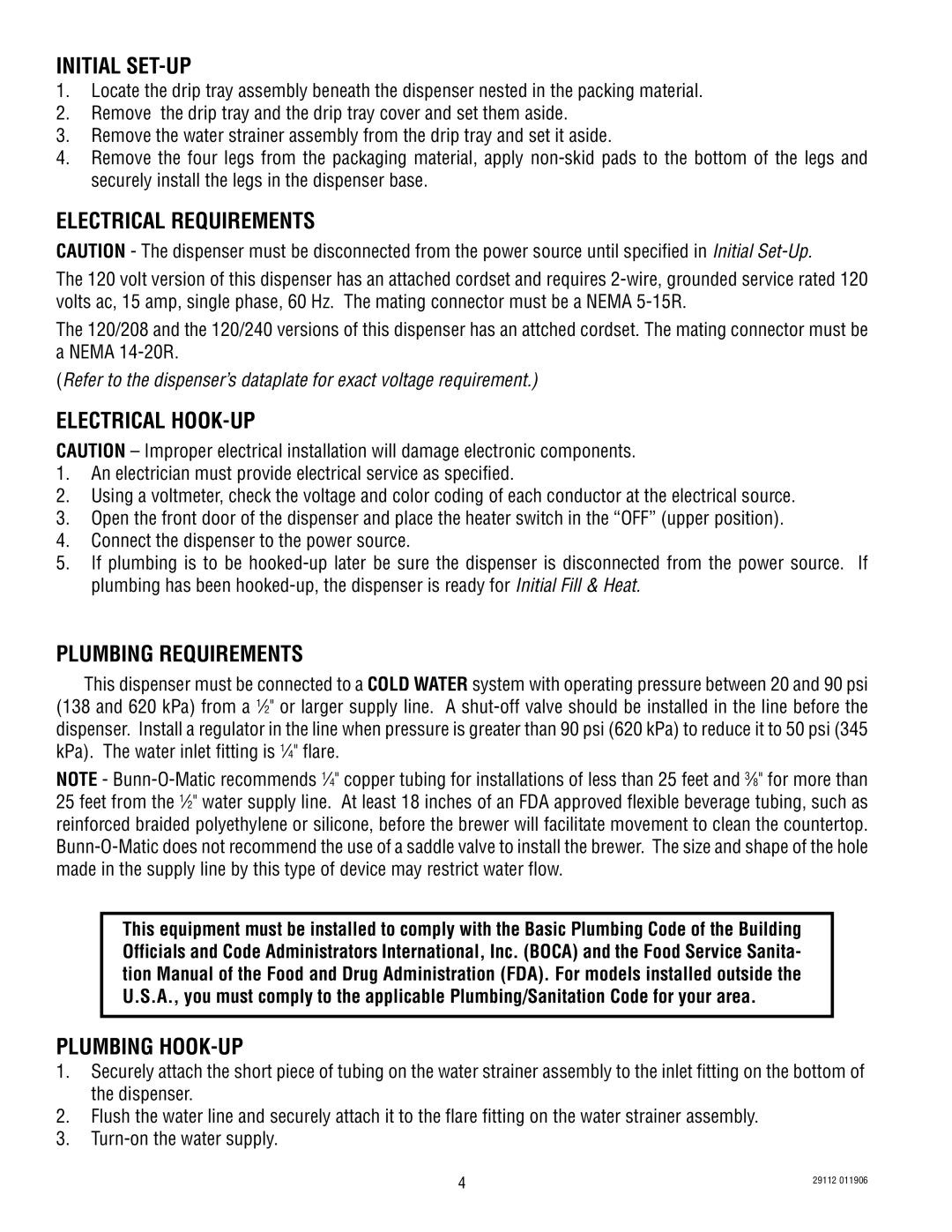 Bunn FMD-1 FMD-2 Initial SET-UP, Electrical Requirements, Electrical HOOK-UP, Plumbing Requirements, Plumbing HOOK-UP 