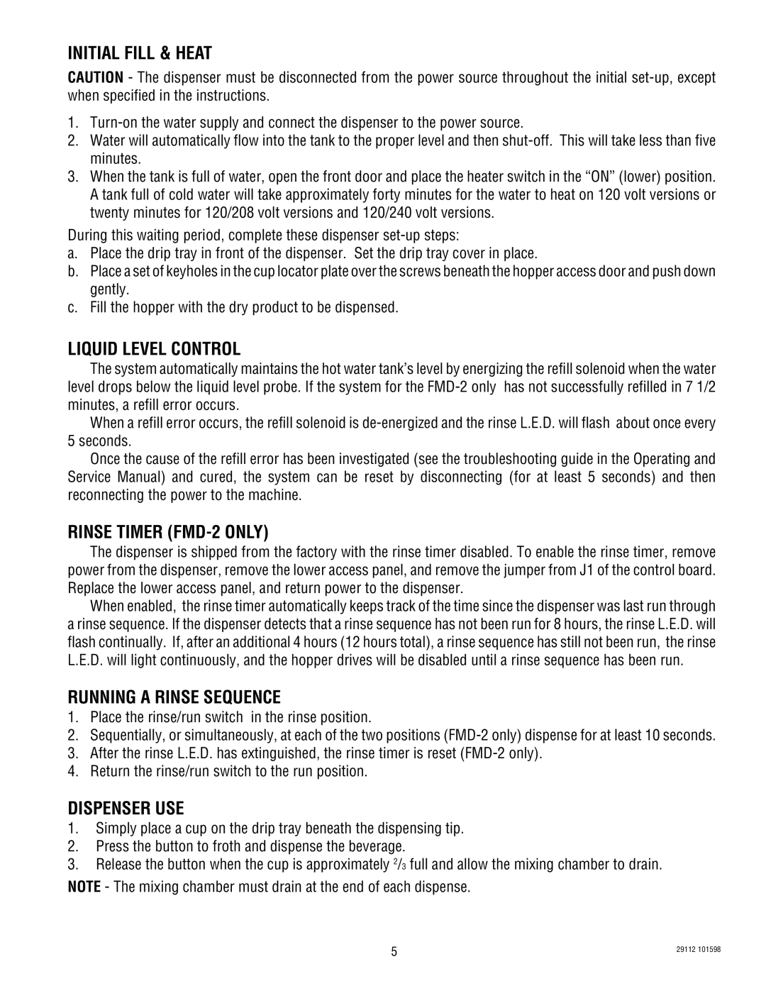 Bunn FMD-1 FMD-2 service manual Initial Fill & Heat, Liquid Level Control, Rinse Timer FMD-2 only, Running a Rinse Sequence 