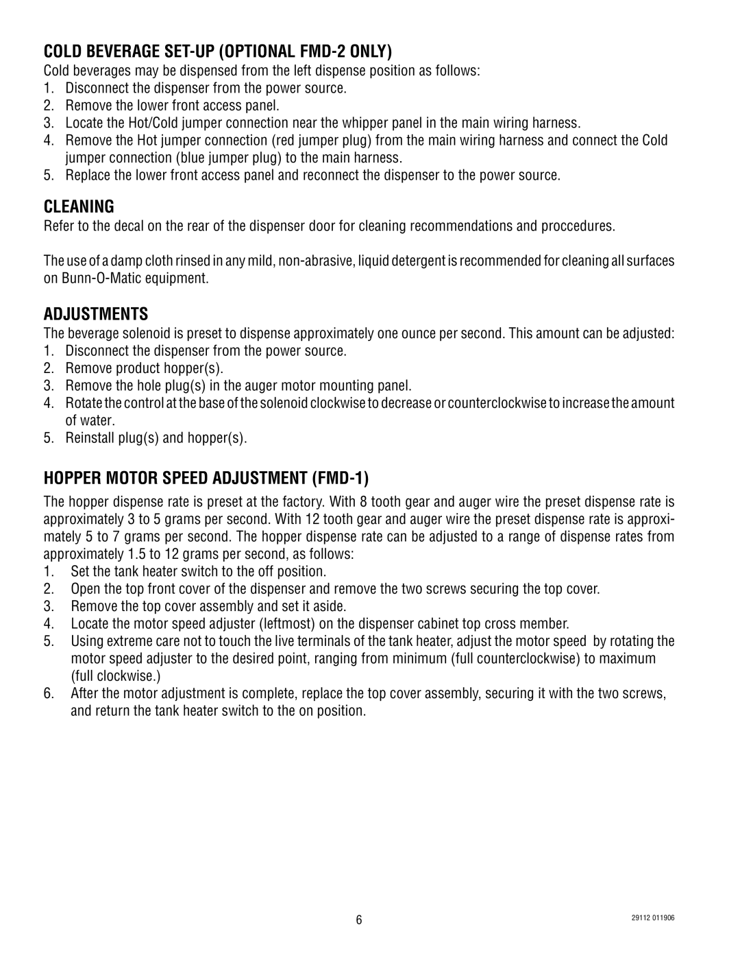 Bunn FMD-1 FMD-2 Cold Beverage SET-UP Optional FMD-2 only, Cleaning, Adjustments, Hopper Motor Speed Adjustment FMD-1 
