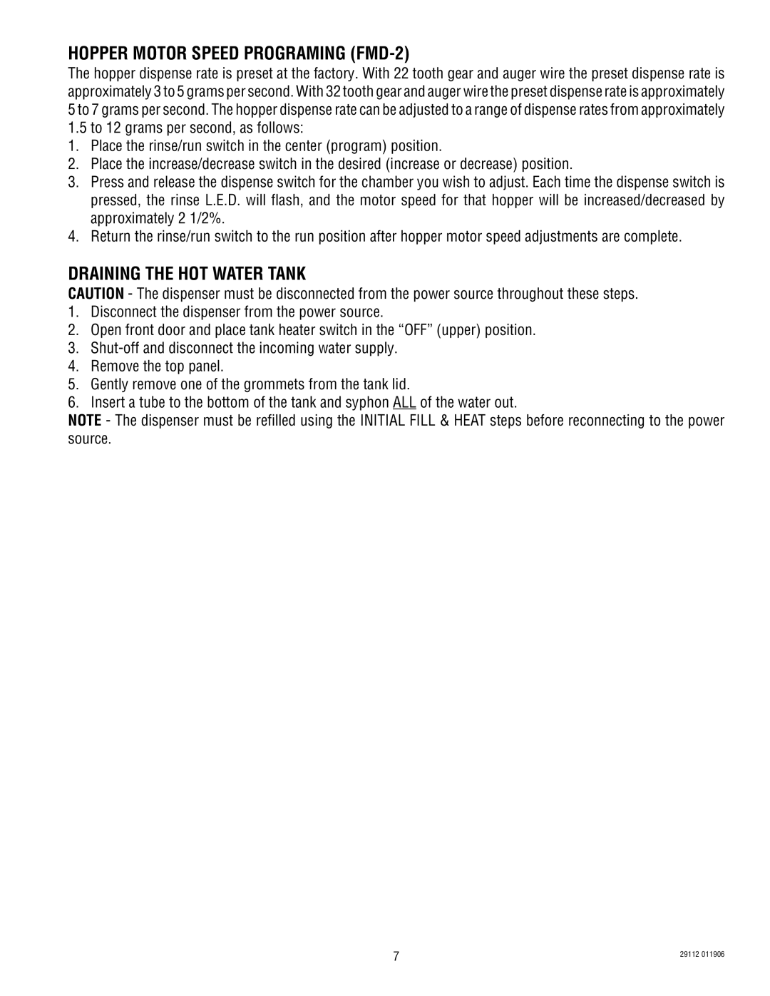 Bunn FMD-1 FMD-2 service manual Hopper Motor Speed Programing FMD-2, Draining the HOT Water Tank 