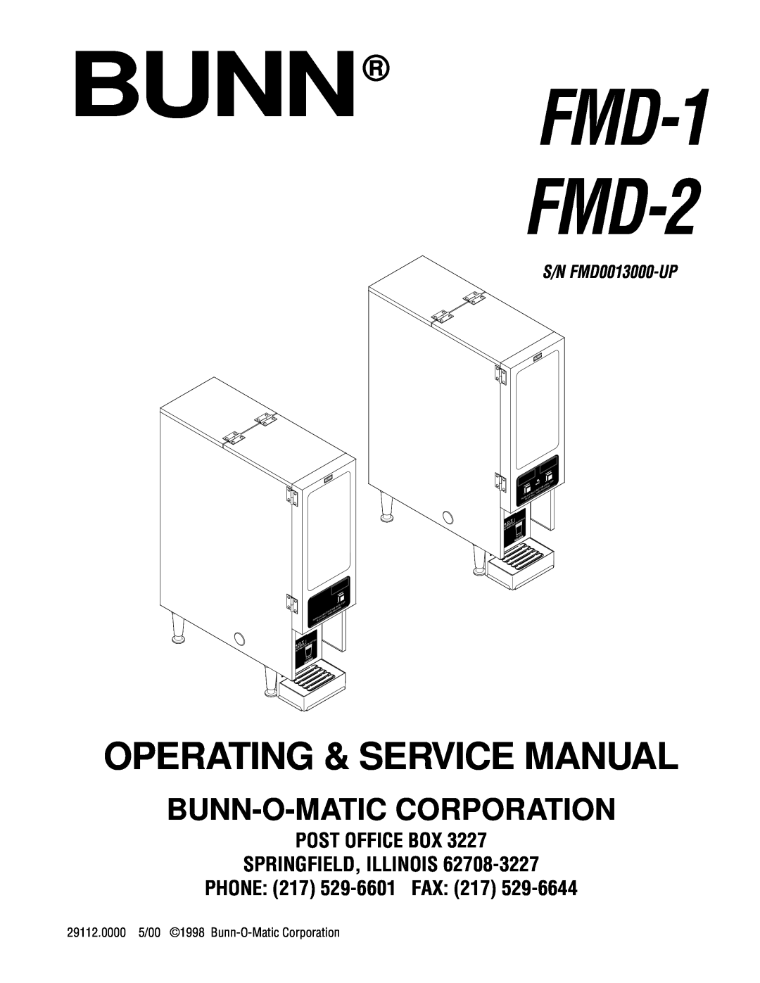 Bunn service manual BUNNFMD-1 FMD-2, Bunn-O-Maticcorporation, Post Office Box Springfield, Illinois, S/N FMD0013000-UP 