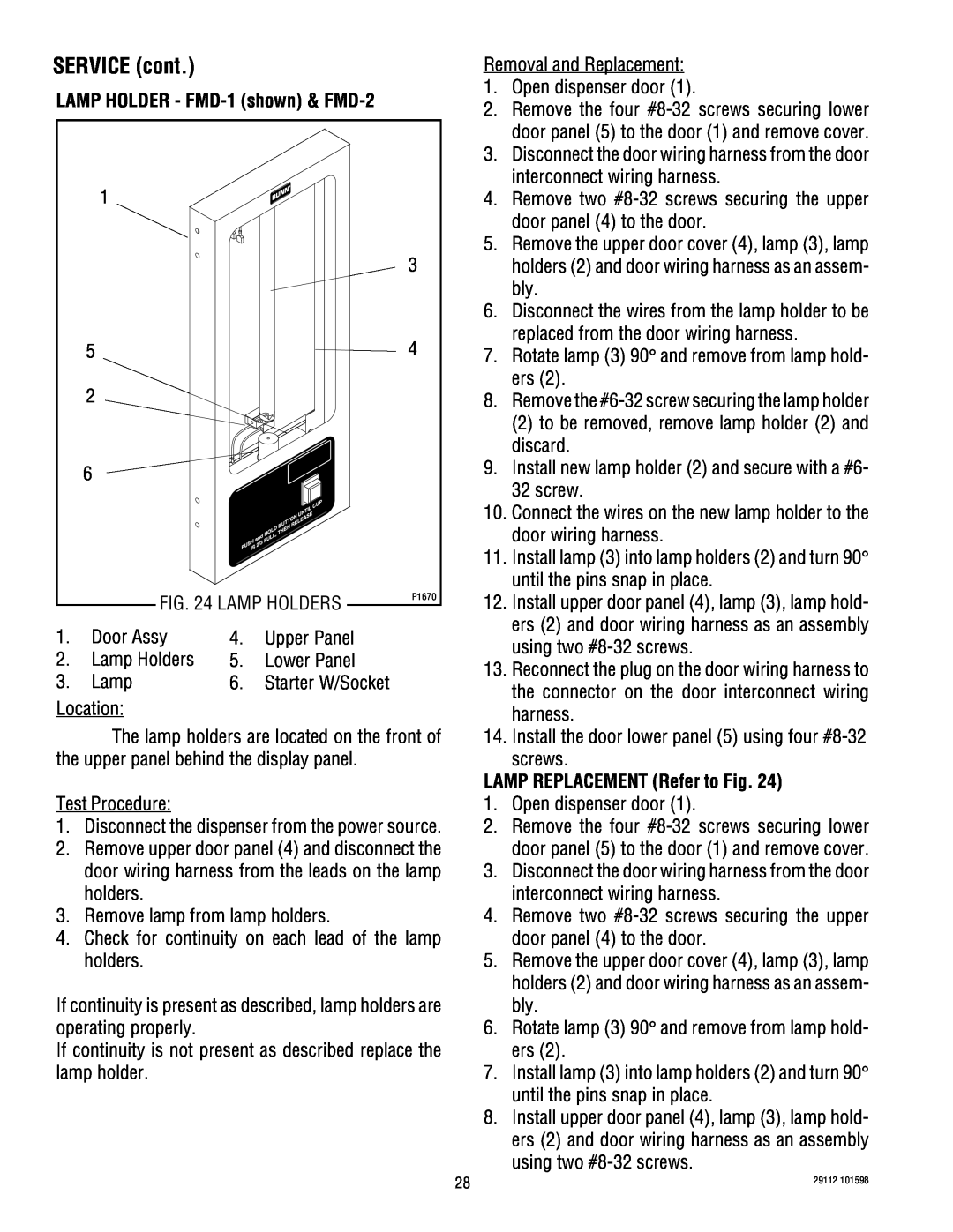Bunn FMD-1, FMD-2 service manual LAMP REPLACEMENT Refer to Fig, SERVICE cont 