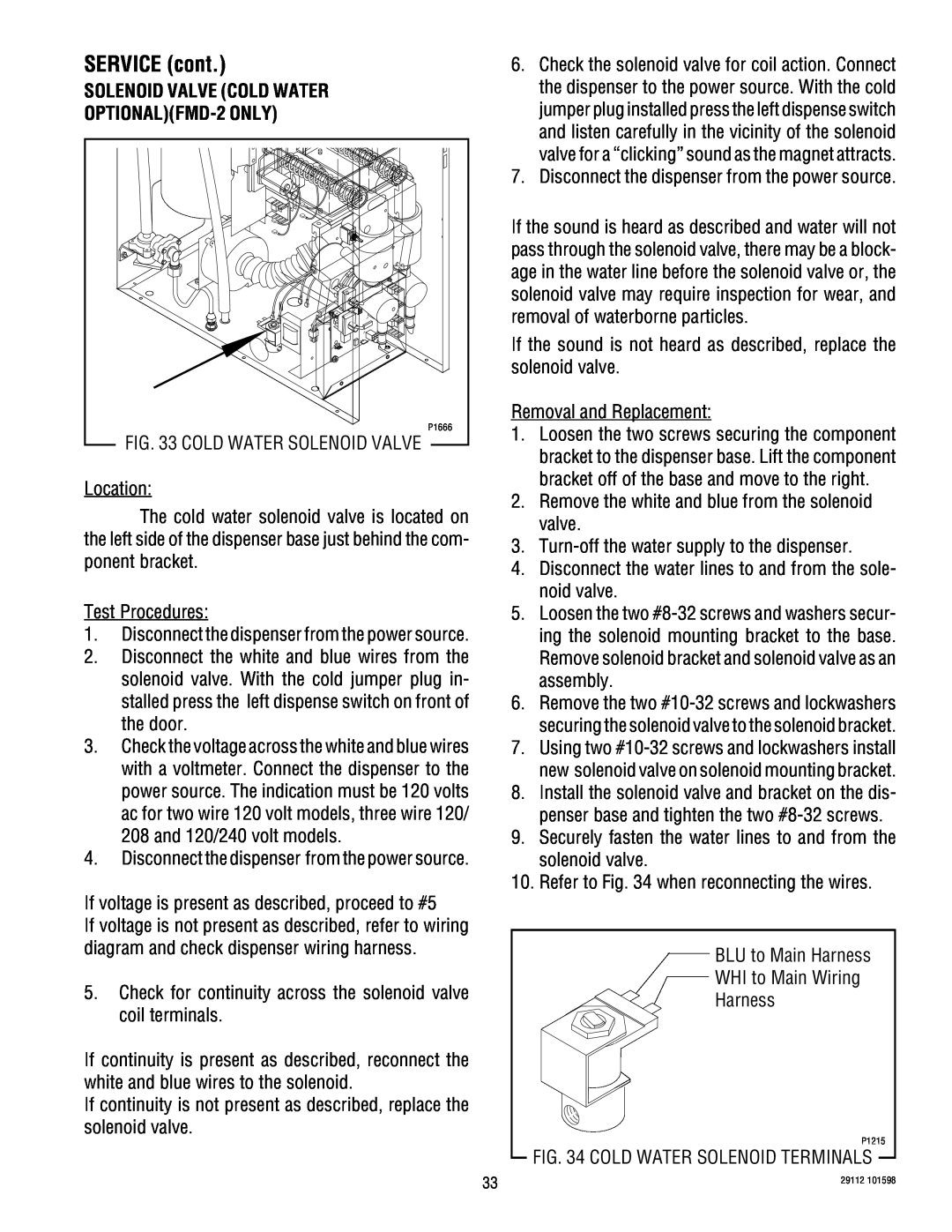 Bunn FMD-1 service manual SOLENOID VALVE COLD WATER OPTIONALFMD-2ONLY, SERVICE cont 