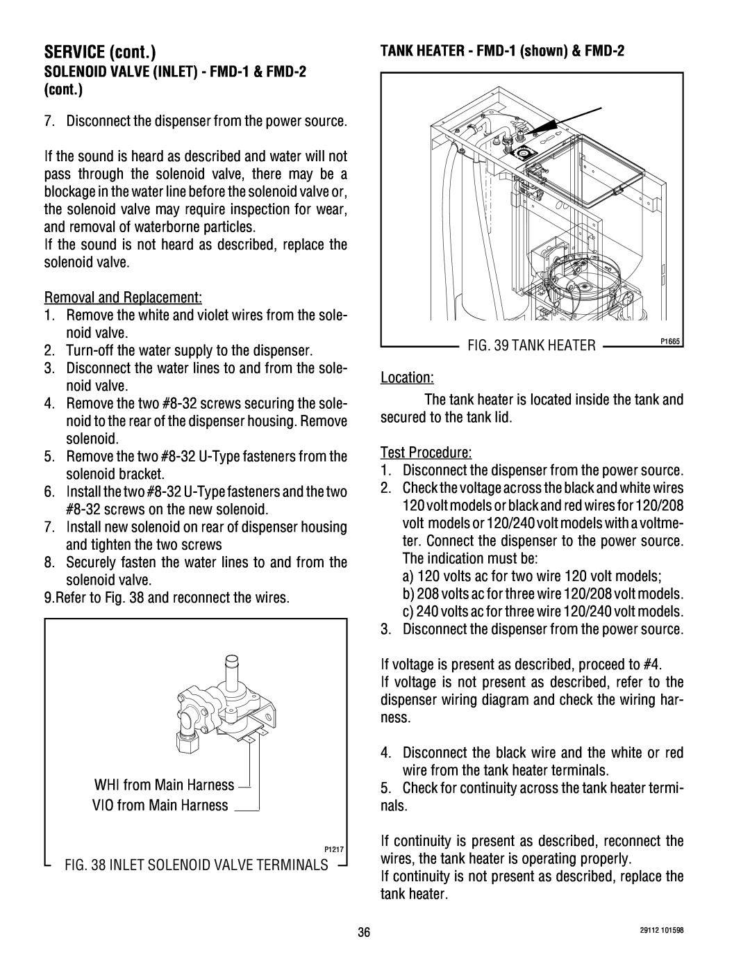 Bunn service manual SOLENOID VALVE INLET - FMD-1& FMD-2cont, Tank Heater, SERVICE cont, Location 