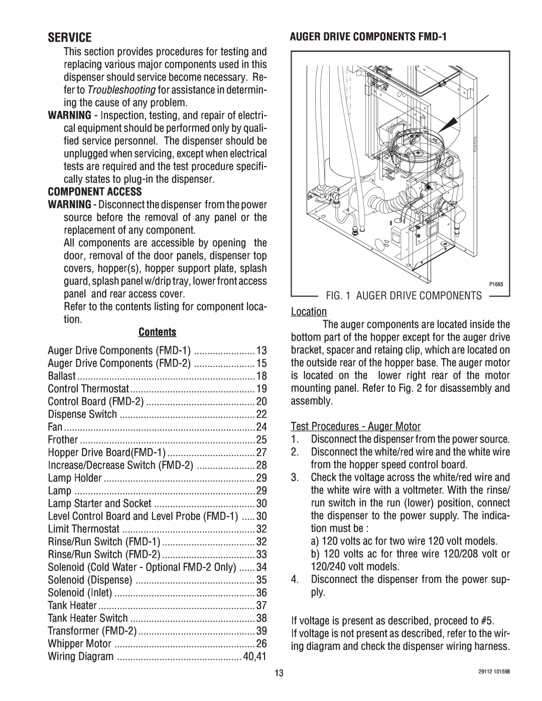 Bunn FMD-1 FMD-2 service manual Service, Component Access, Contents, AUGER DRIVE COMPONENTS FMD-1 