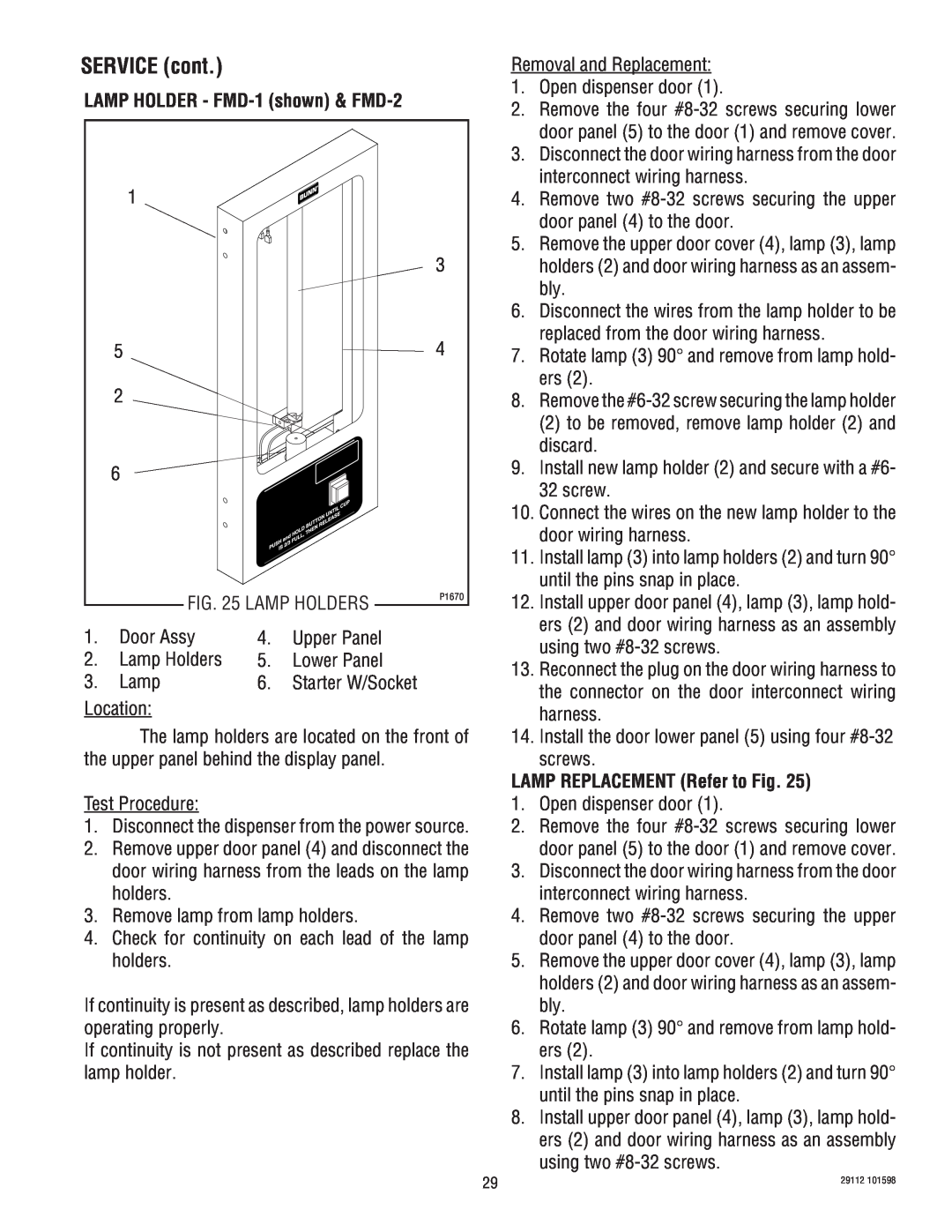 Bunn FMD-1 FMD-2 service manual LAMP REPLACEMENT Refer to Fig, SERVICE cont, Starter W/Socket 