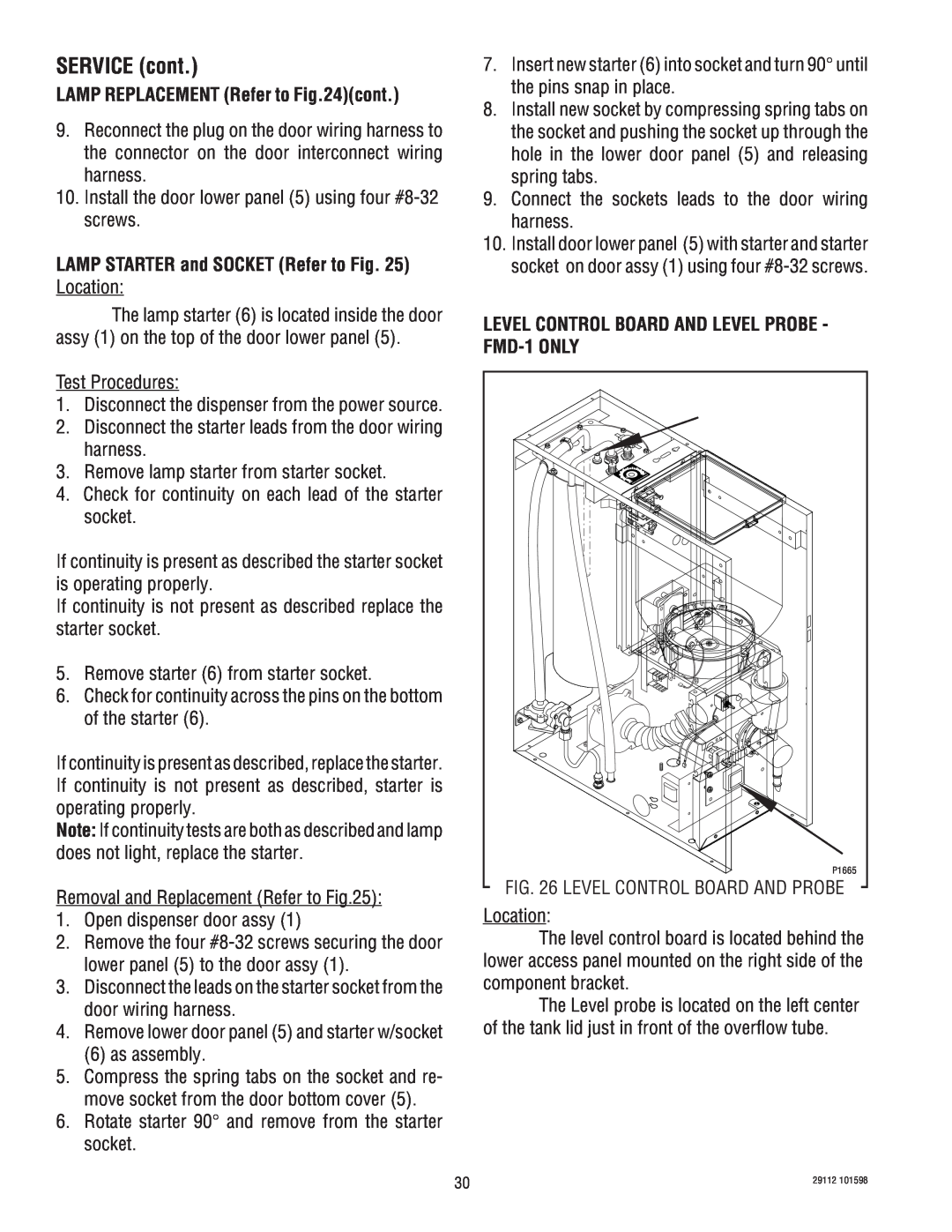 Bunn FMD-1 FMD-2 service manual LAMP REPLACEMENT Refer to cont, LAMP STARTER and SOCKET Refer to Location, SERVICE cont 
