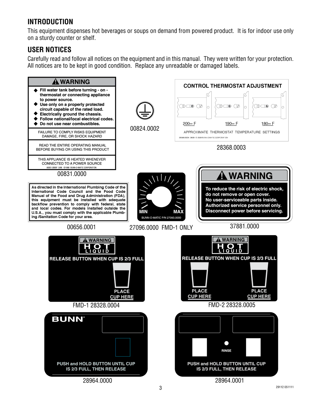 Bunn FMD-2 service manual Introduction, User Notices, Control Thermostat Adjustment 