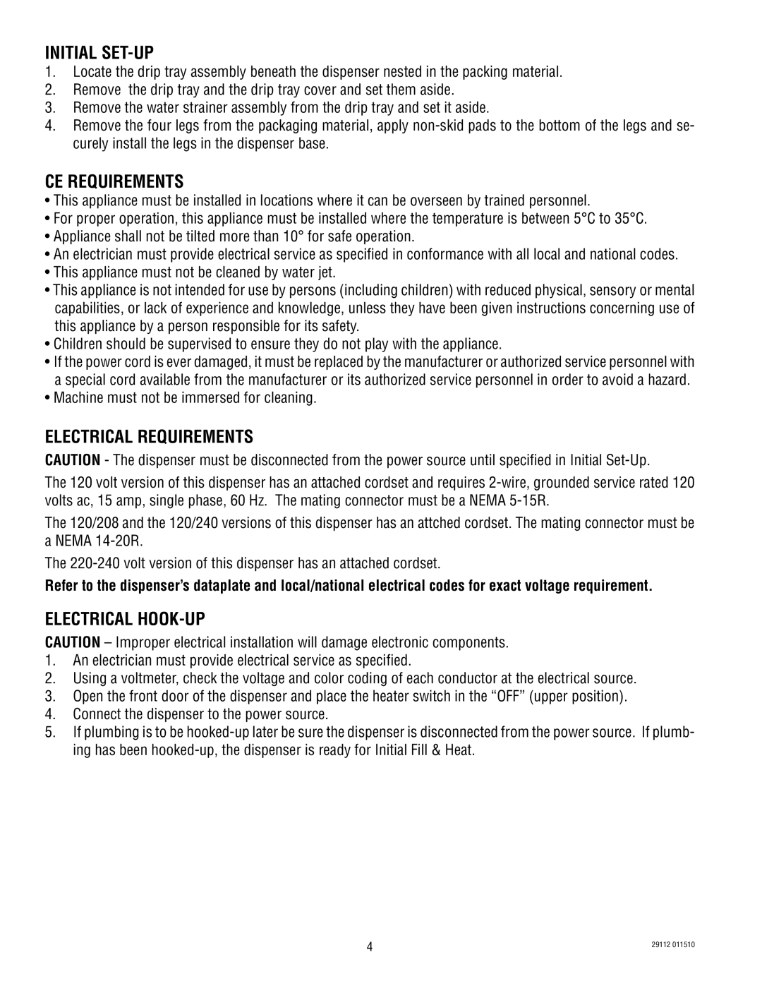 Bunn FMD-2 service manual Initial SET-UP, CE Requirements, Electrical Requirements, Electrical Hook-Up 