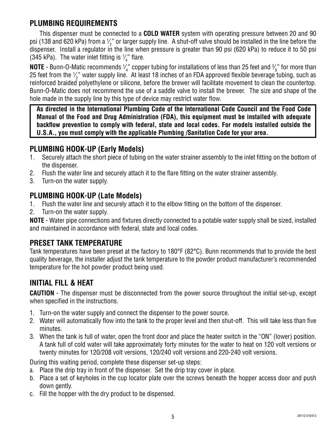 Bunn FMD-2 Plumbing Requirements, Plumbing HOOK-UP Early Models, Plumbing HOOK-UP Late Models, Preset Tank Temperature 