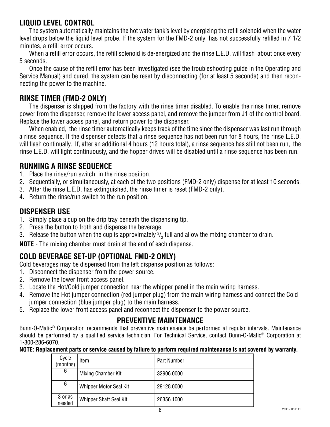 Bunn Liquid Level Control, Rinse Timer FMD-2 only, Running a Rinse Sequence, Dispenser USE, Preventive Maintenance 