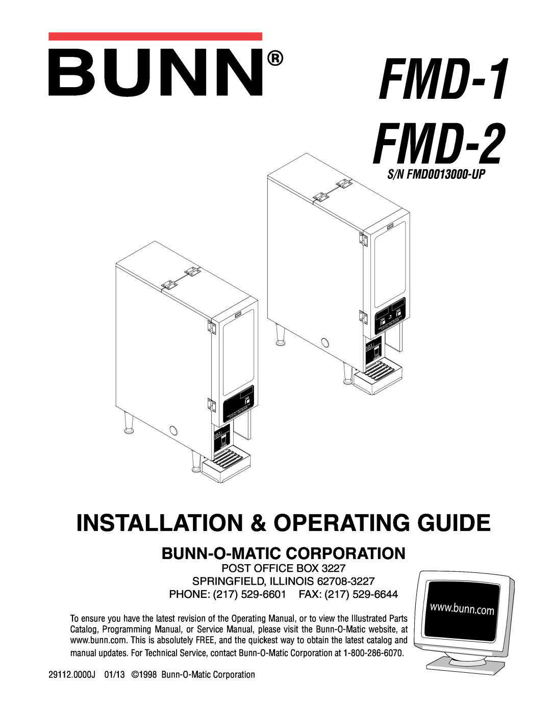 Bunn service manual FMD-1 FMD-2, Installation & Operating Guide, Bunn-O-Maticcorporation, S/N FMD0013000-UP 