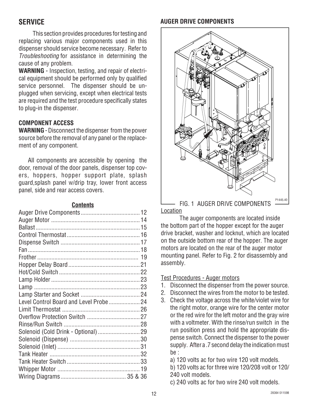 Bunn FMD-3 service manual Component Access, Contents, Auger Drive Components 