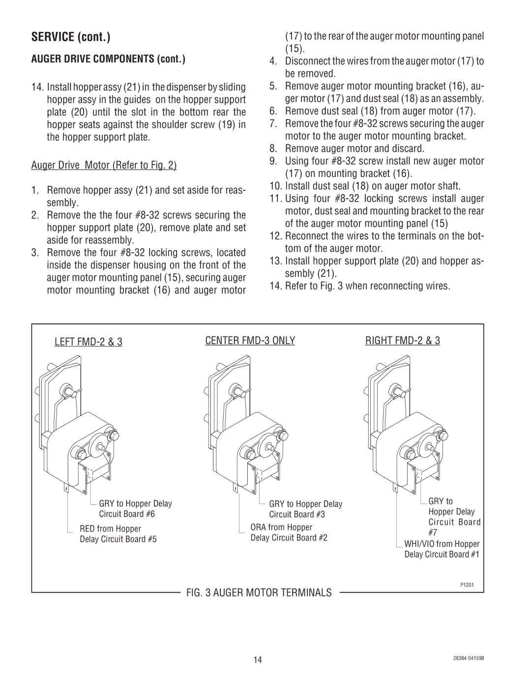 Bunn FMD-3 service manual Auger Drive Components, Remove dust seal 18 from auger motor 