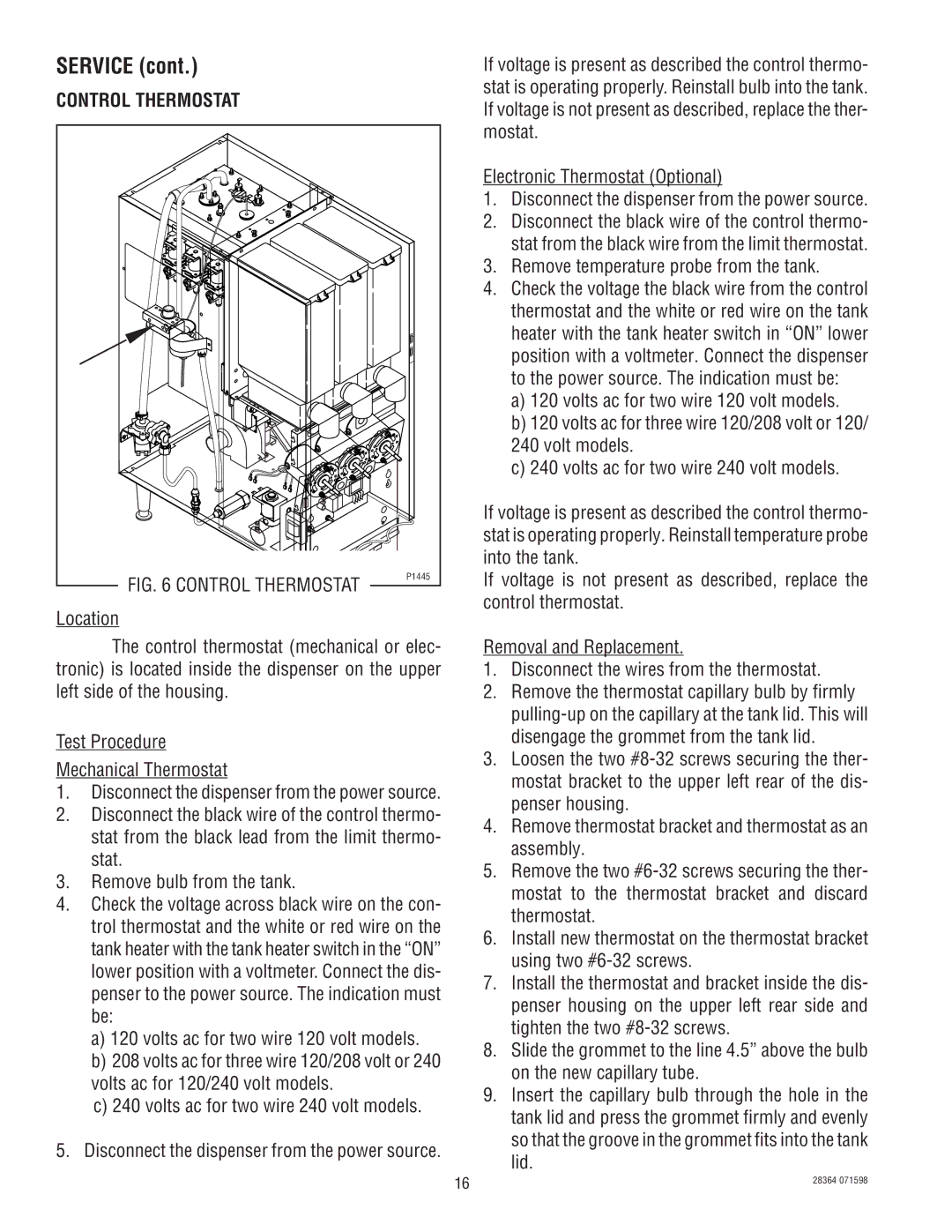 Bunn FMD-3 service manual Control Thermostat, Remove temperature probe from the tank 