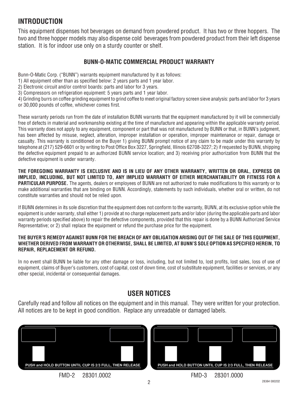 Bunn service manual BUNN-O-MATIC Commercial Product Warranty, FMD-2 FMD-3 