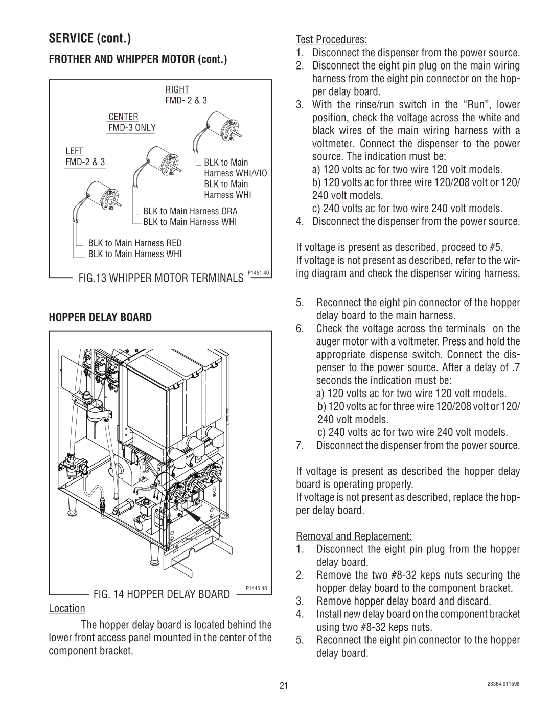 Bunn FMD-3 service manual Whipper Motor Terminals P1451.40, Hopper Delay Board 