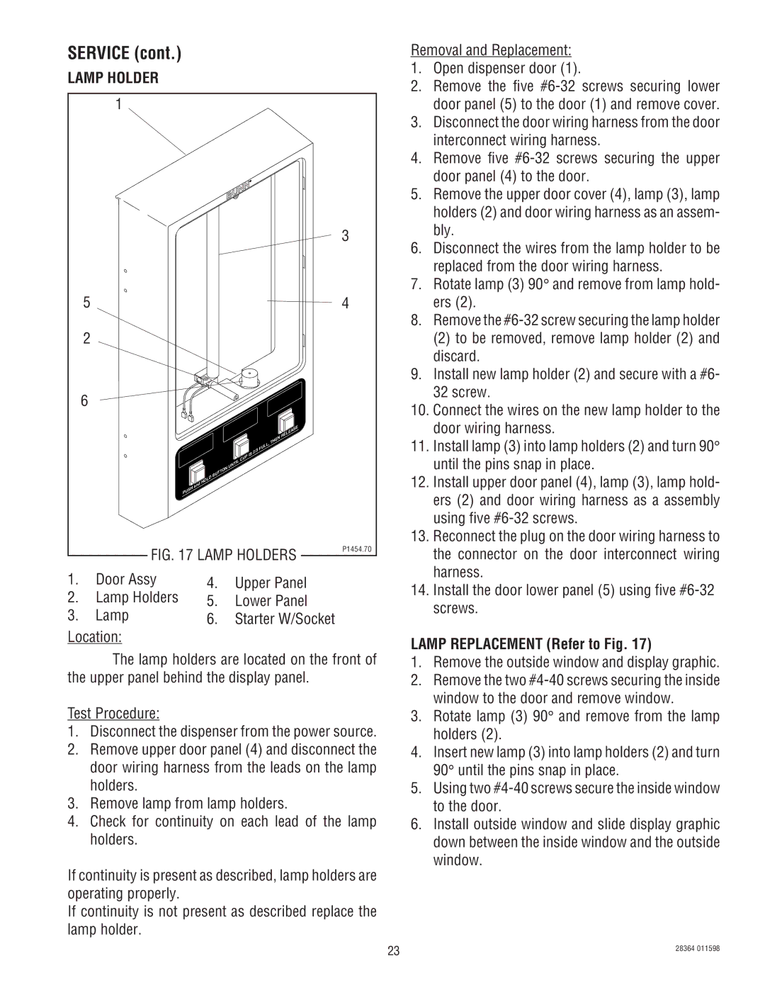 Bunn FMD-3 service manual Door Assy Upper Panel Lamp Holders Lower Panel, Lamp Replacement Refer to Fig 