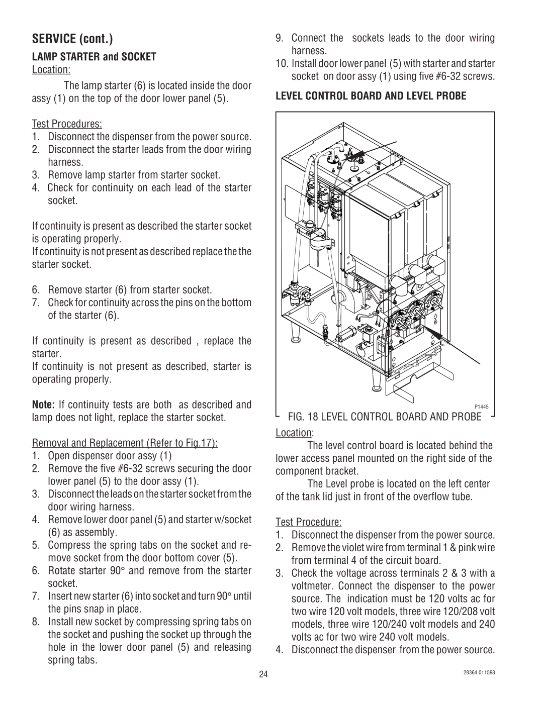 Bunn FMD-3 service manual Lamp Starter and Socket, As assembly, Level Control Board and Level Probe 