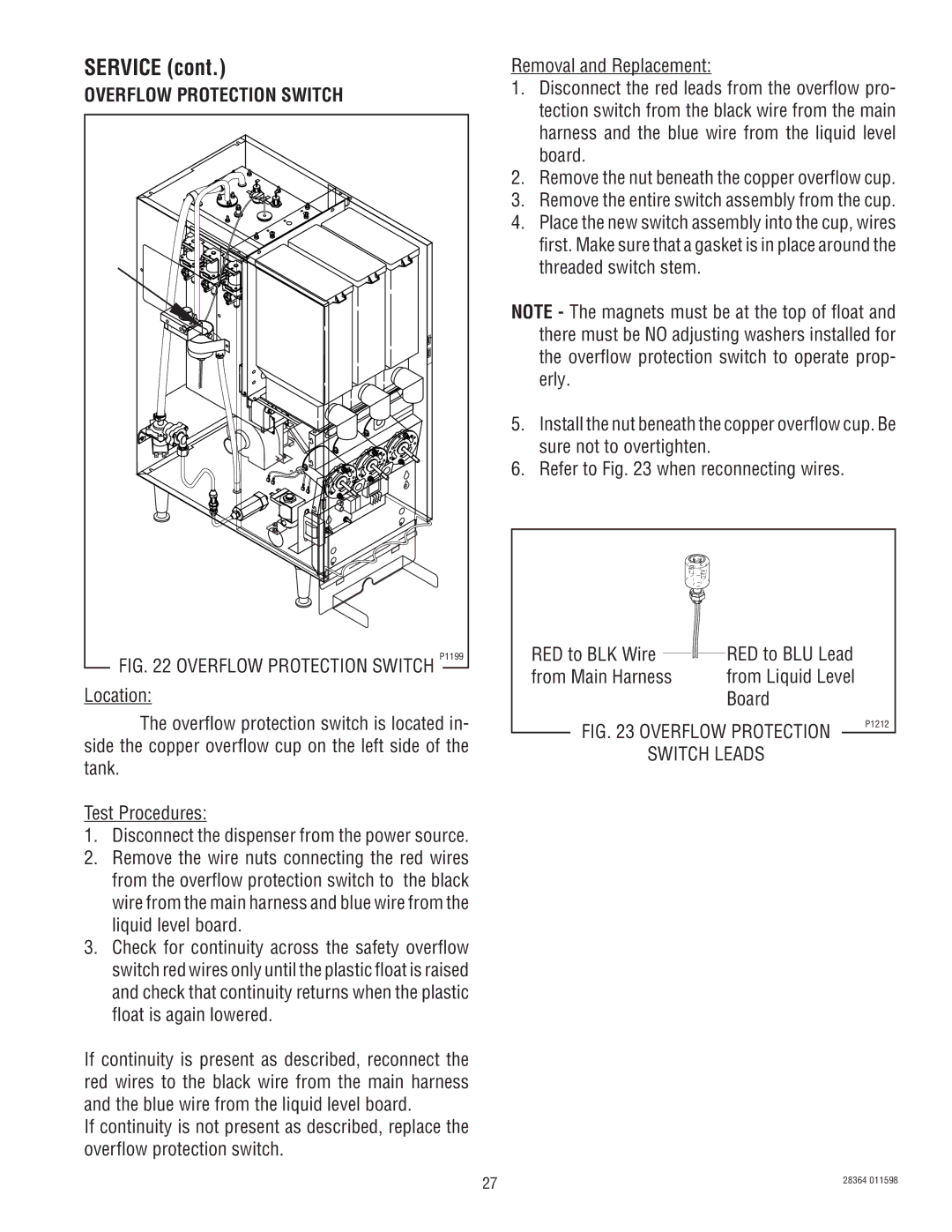 Bunn FMD-3 service manual Overflow Protection Switch, From Main Harness, Board 