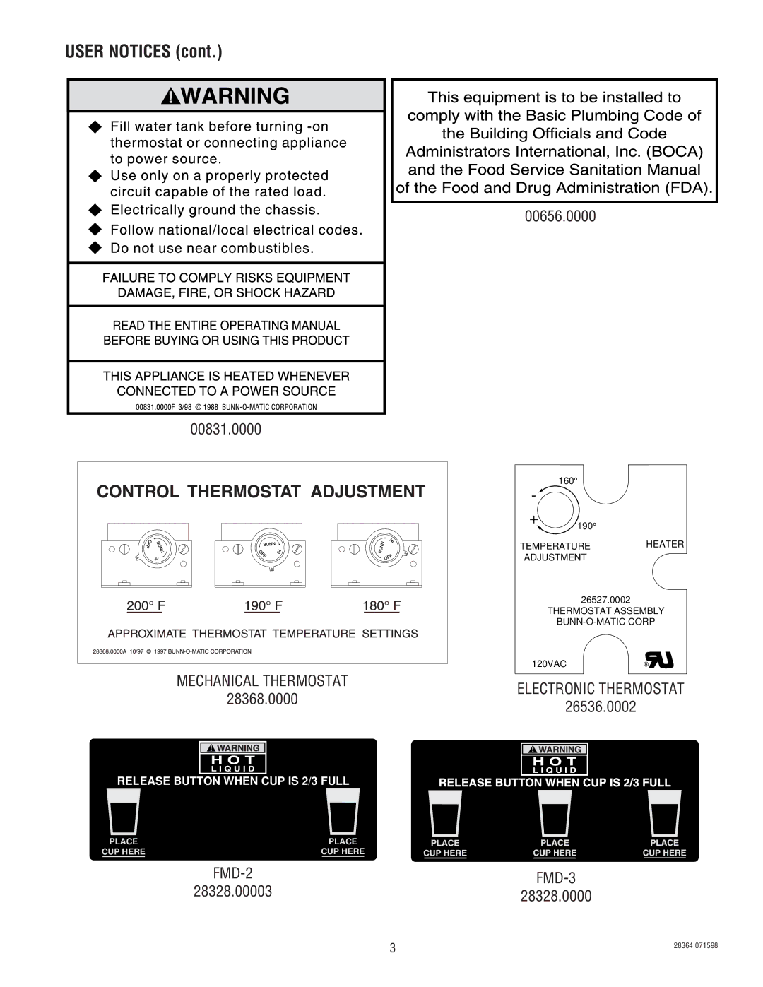 Bunn FMD-3 service manual 00656.0000 00831.0000, 28368.0000, 26536.0002, FMD-2, 28328.00003 