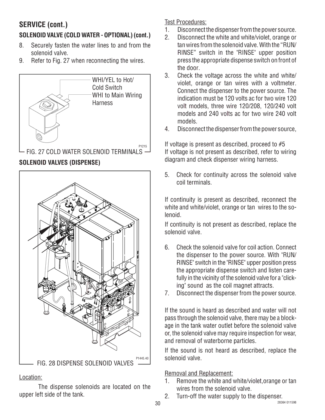 Bunn FMD-3 service manual Cold Water Solenoid Terminals, Solenoid Valves Dispense 