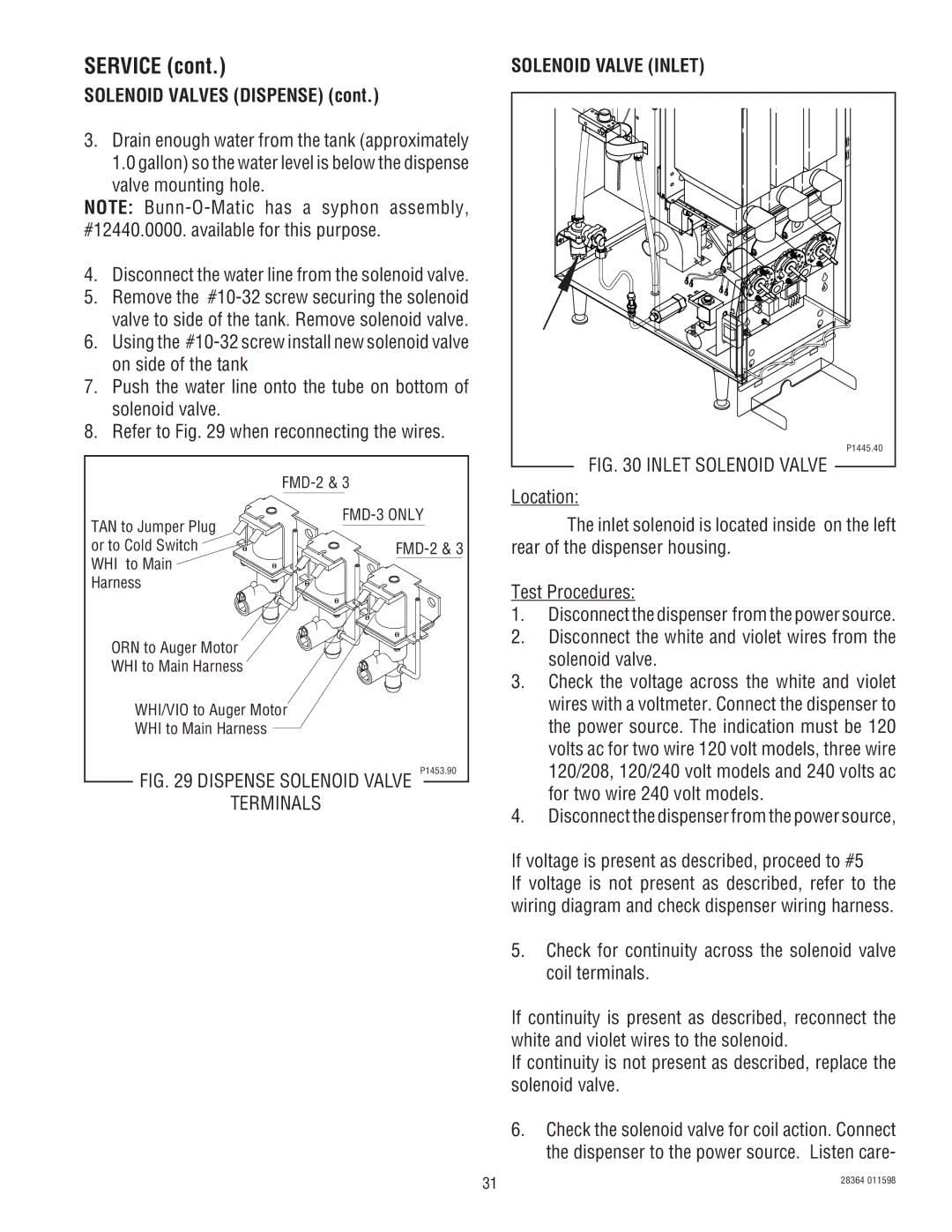 Bunn FMD-3 service manual Solenoid Valves Dispense, Solenoid Valve Inlet 