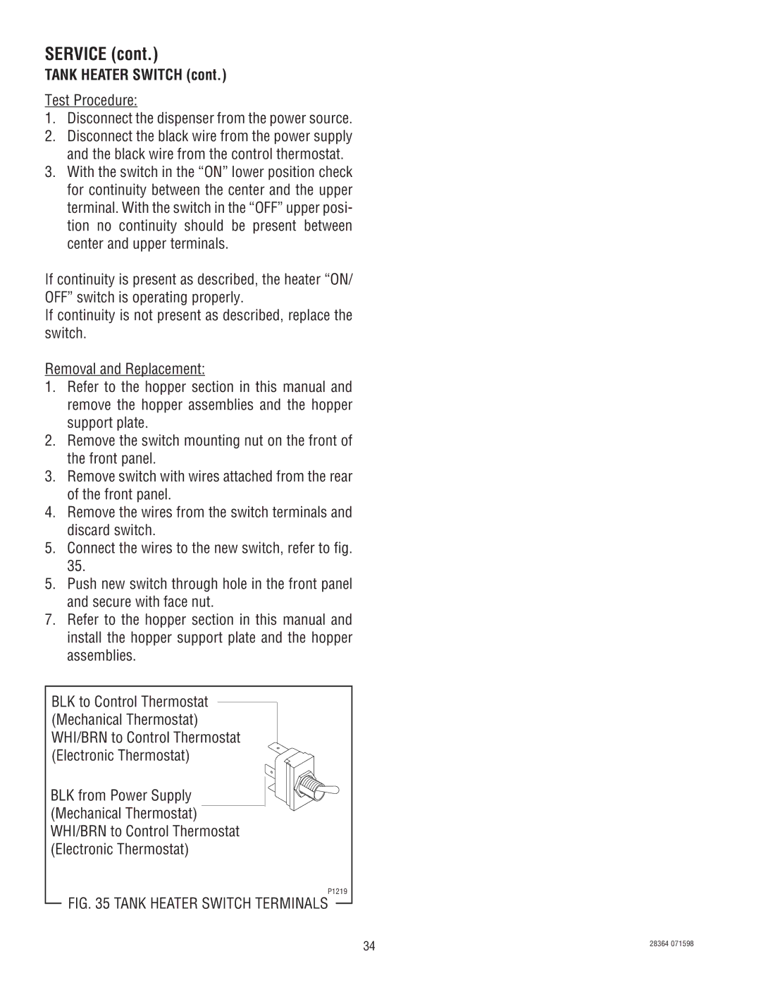 Bunn FMD-3 service manual Tank Heater Switch Terminals 