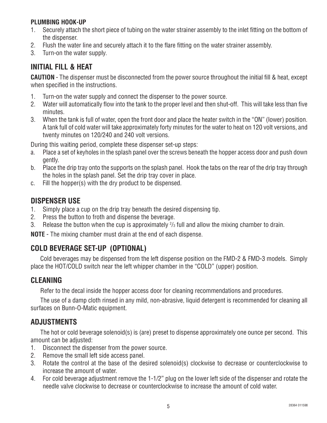 Bunn FMD-3 service manual Initial Fill & Heat, Plumbing HOOK-UP 