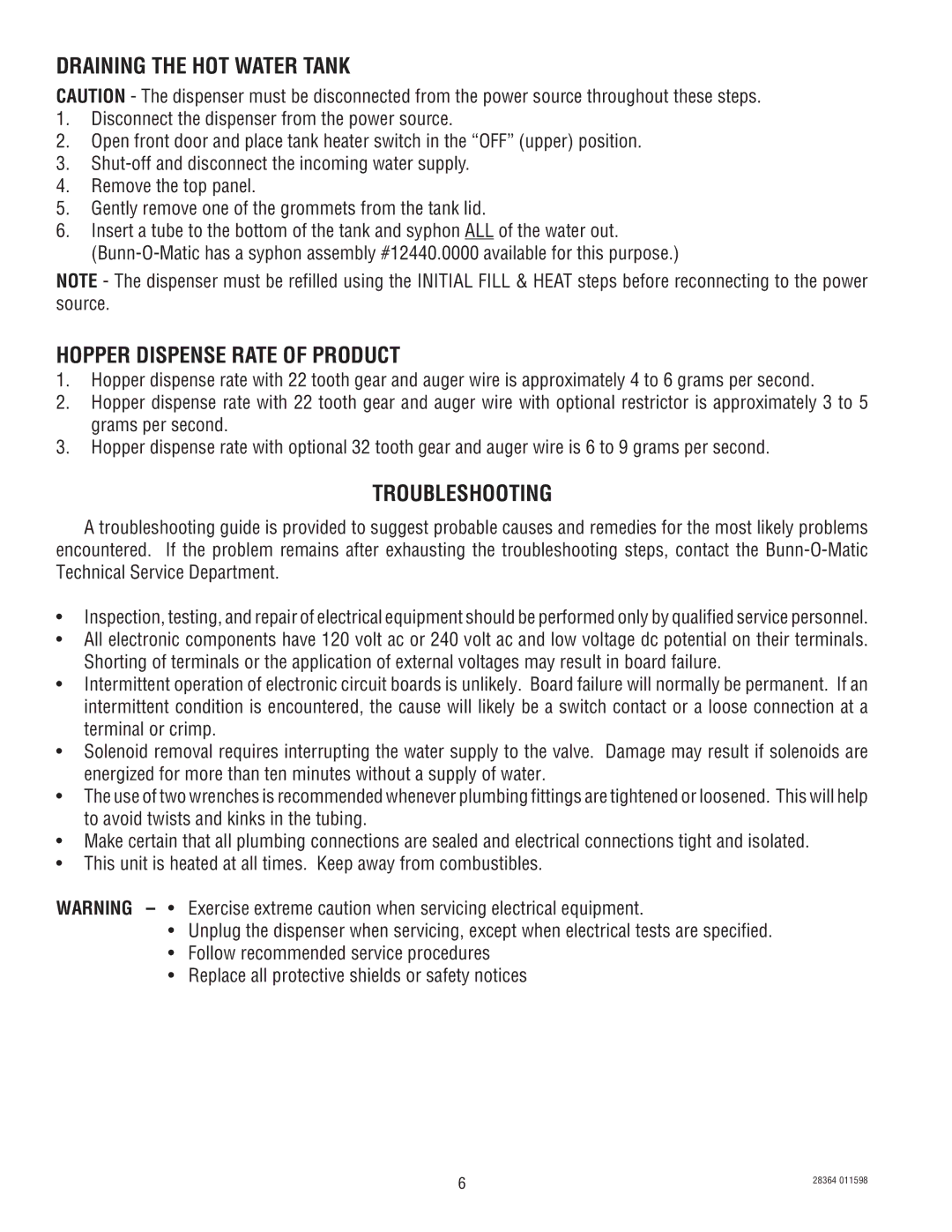 Bunn FMD-3 service manual Draining the HOT Water Tank 