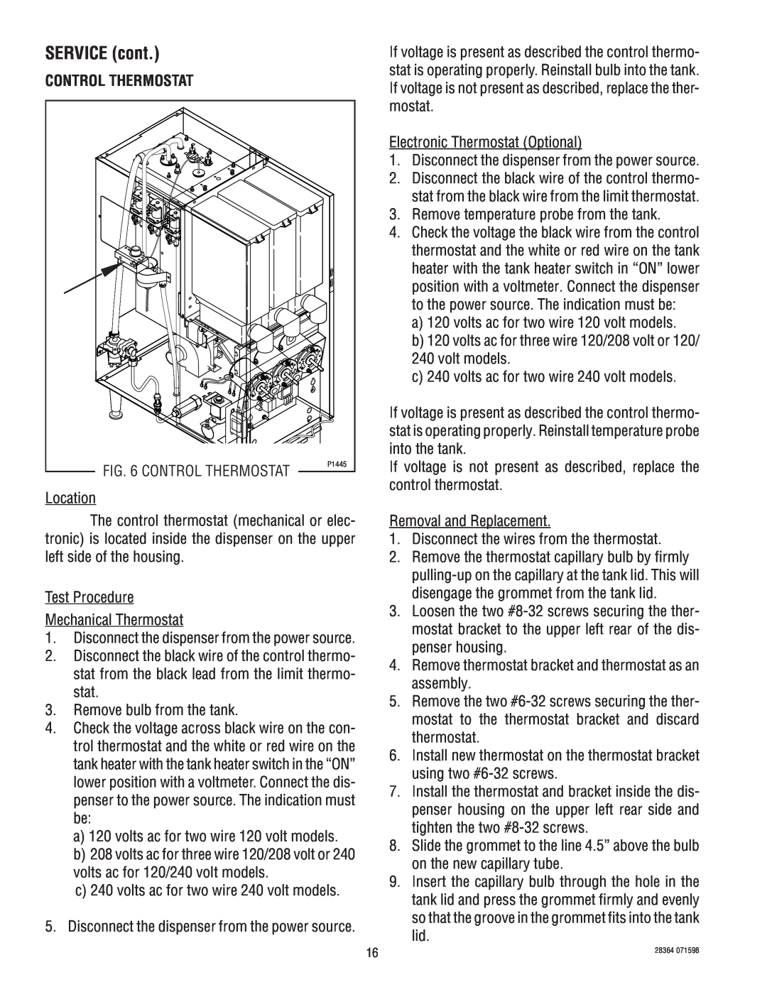 Bunn FMD-3 service manual Control Thermostat, SERVICE cont 