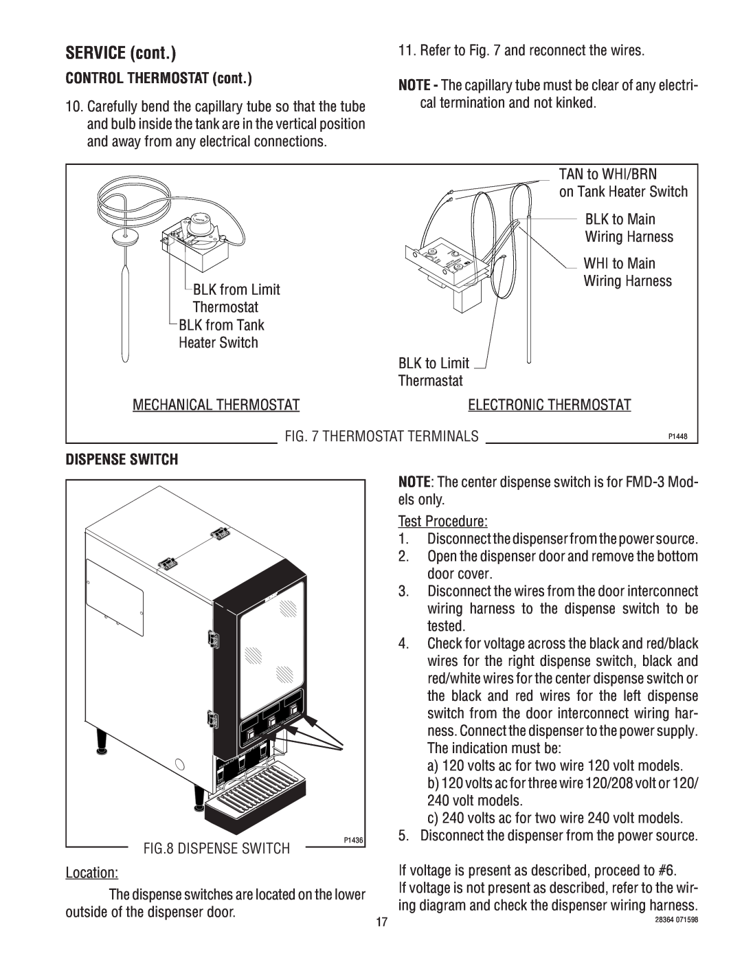 Bunn FMD-3 service manual CONTROL THERMOSTAT cont, Dispense Switch, Location, SERVICE cont 