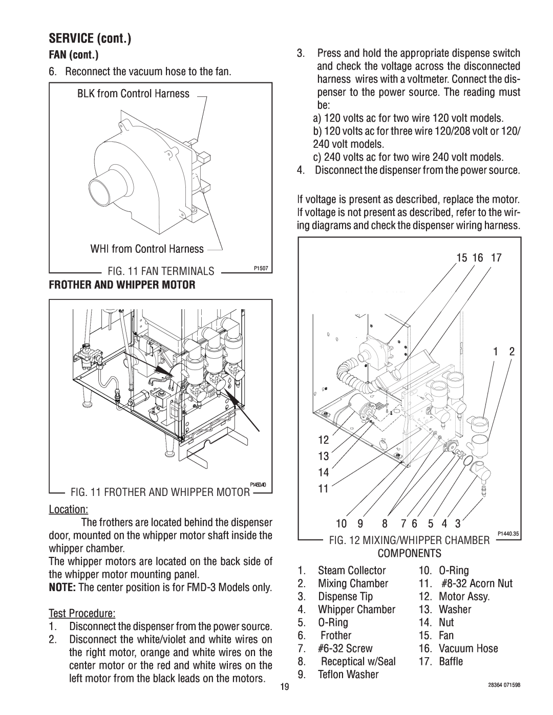 Bunn FMD-3 service manual FAN cont, Frother And Whipper Motor, SERVICE cont 