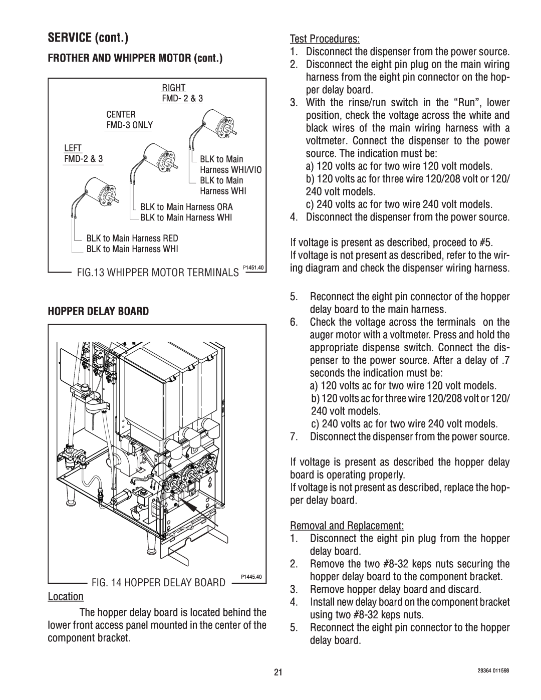 Bunn FMD-3 service manual Hopper Delay Board, SERVICE cont, FROTHER AND WHIPPER MOTOR cont 