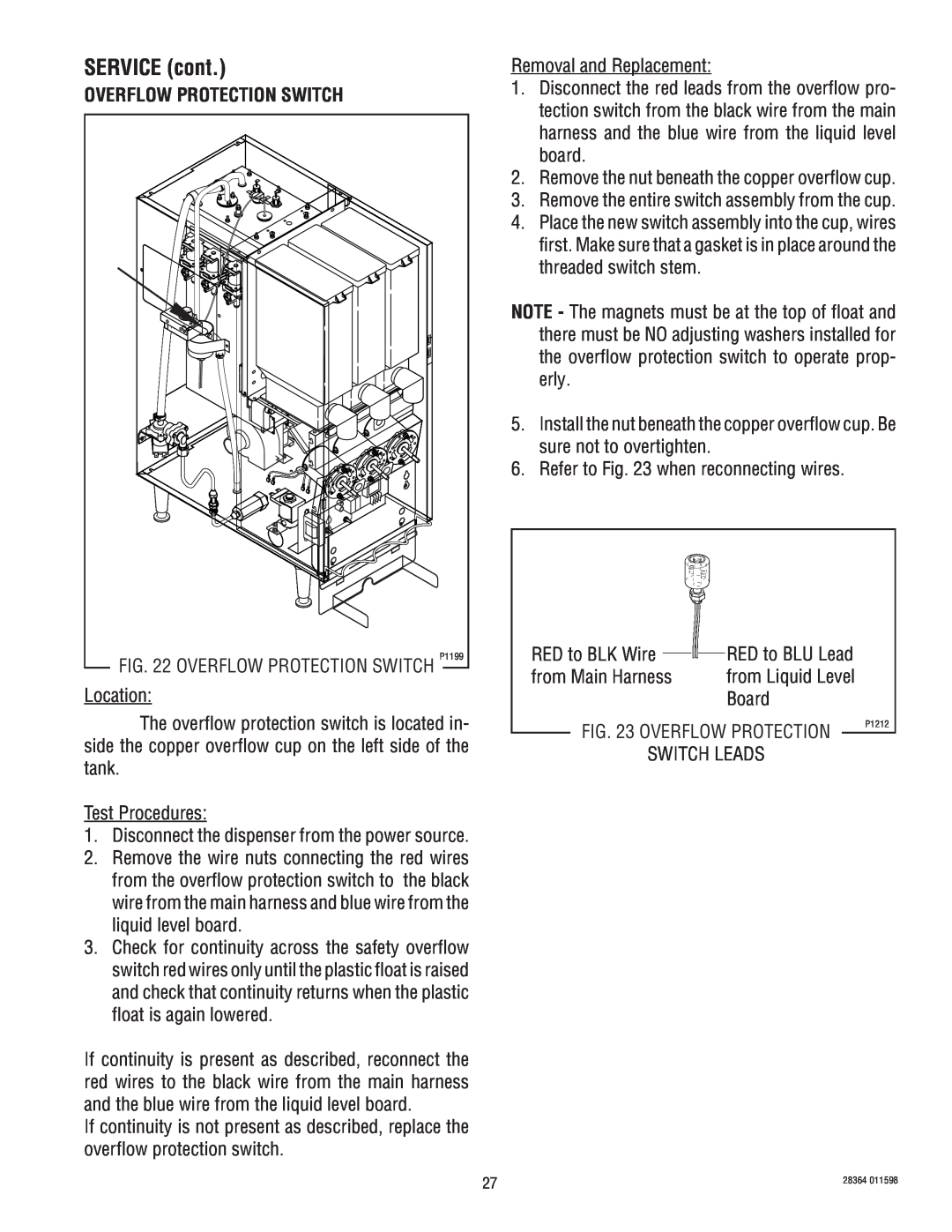 Bunn FMD-3 service manual Overflow Protection Switch, SERVICE cont 