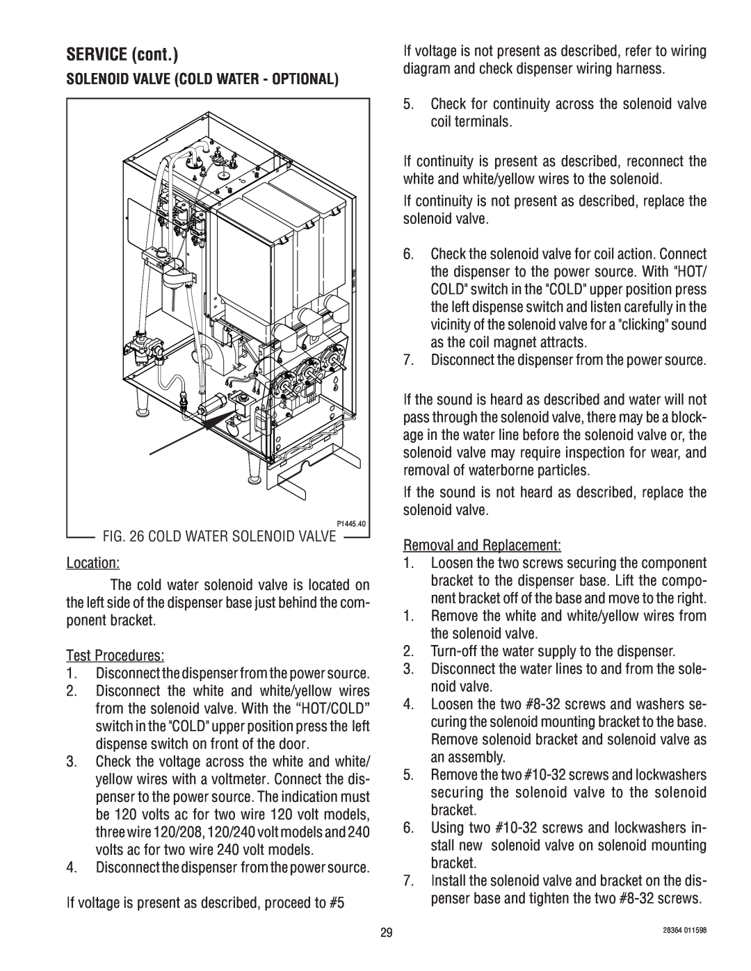 Bunn FMD-3 service manual Solenoid Valve Cold Water - Optional, SERVICE cont 