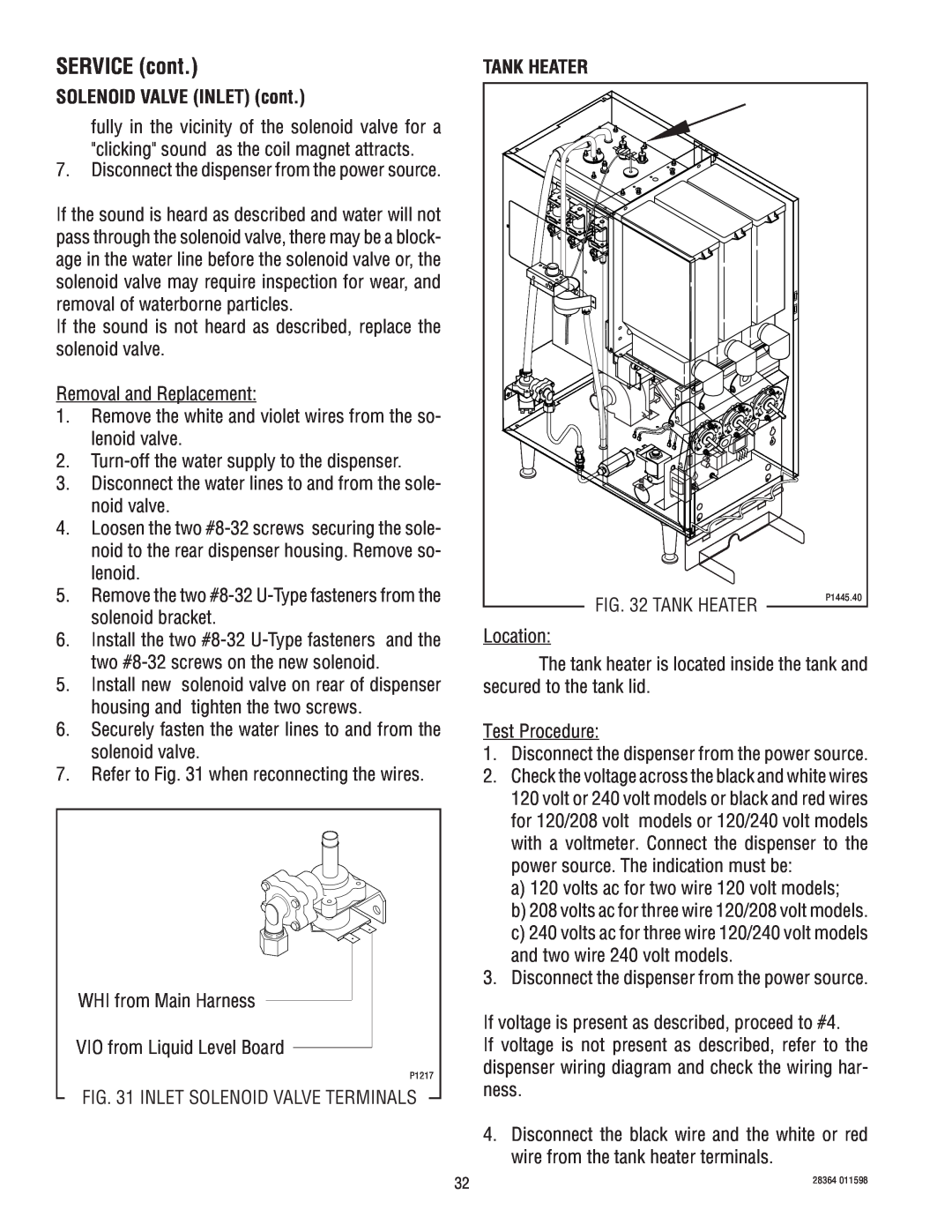 Bunn FMD-3 service manual SOLENOID VALVE INLET cont, Tank Heater, SERVICE cont 