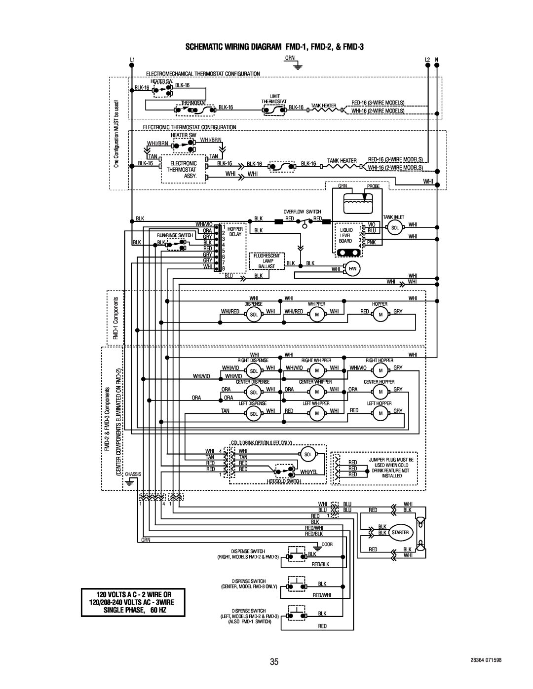 Bunn SCHEMATIC WIRING DIAGRAM FMD-1, FMD-2,& FMD-3, Single Phase, VOLTS A C - 2 WIRE OR, FMD-1Components, Whi/Brn 