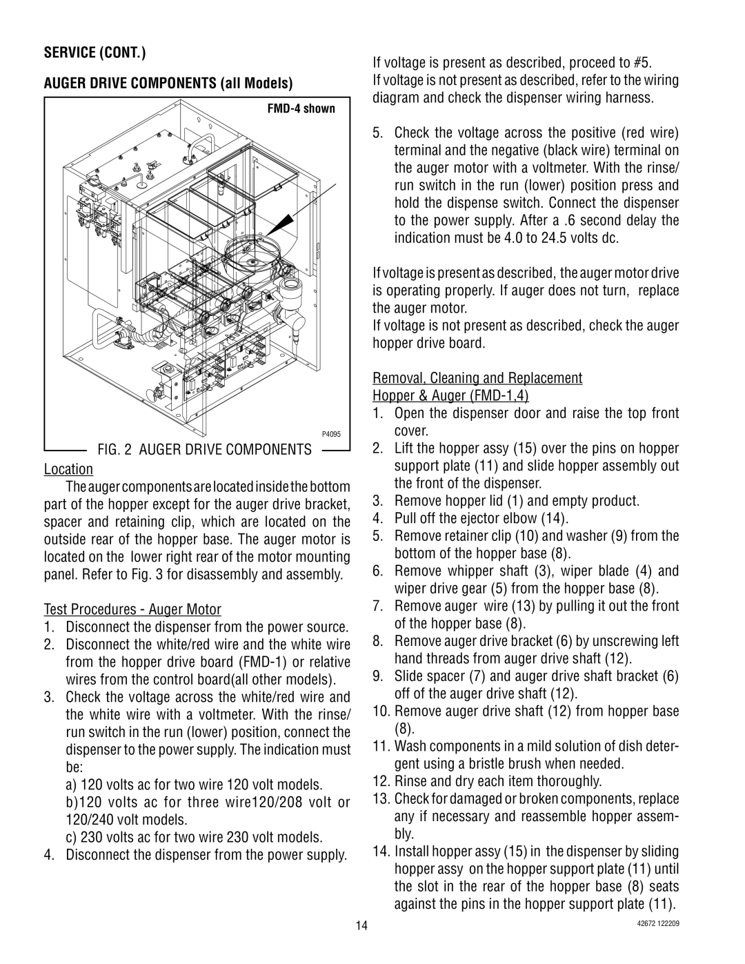 Bunn FMD-5, FMD-4 manual Service Auger Drive Components all Models, Location, Test Procedures Auger Motor 