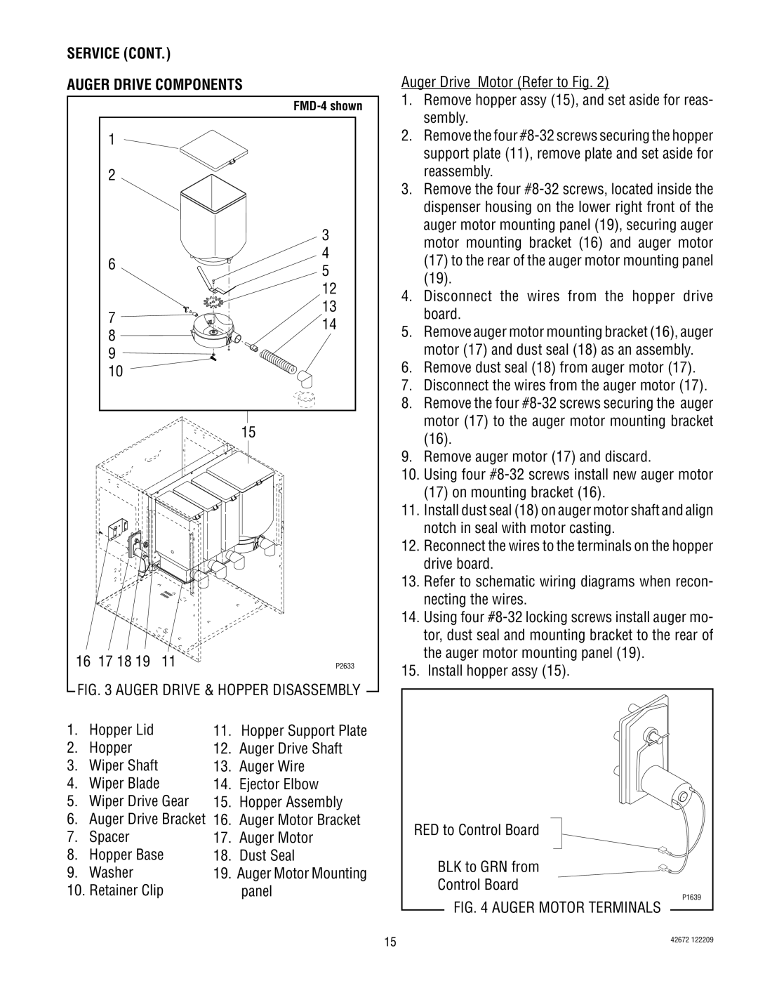 Bunn FMD-4, FMD-5 manual Service, Auger Drive Components, Spacer Auger Motor Hopper Base Dust Seal Washer 