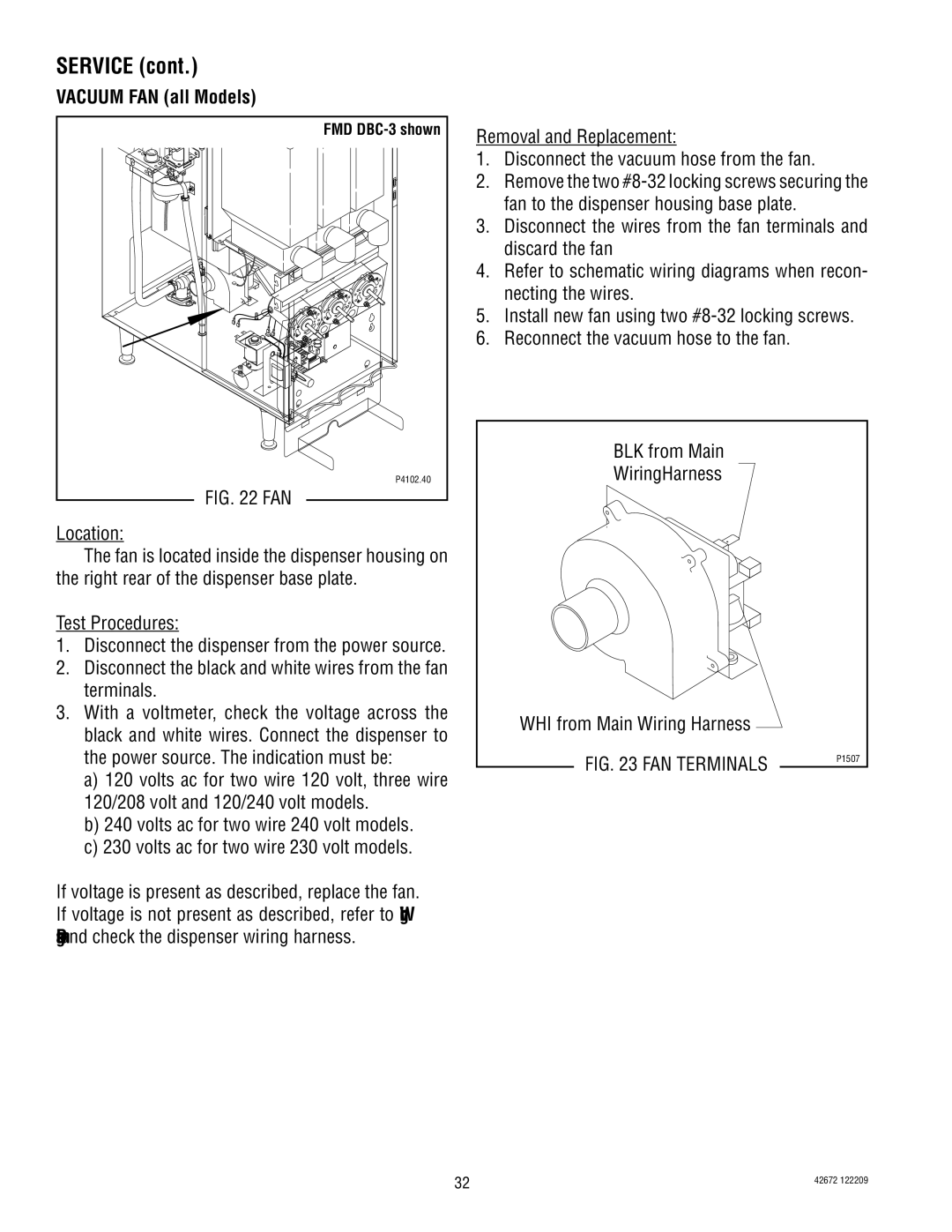 Bunn FMD-5, FMD-4 manual Vacuum FAN all Models, Test Procedures, Disconnect the black and white wires from the fan terminals 