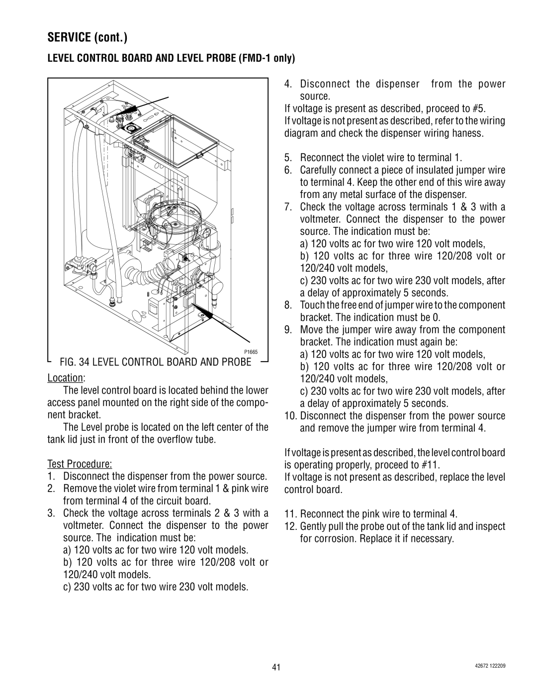 Bunn FMD-4, FMD-5 manual Level Control Board and Level Probe FMD-1 only, Reconnect the violet wire to terminal 