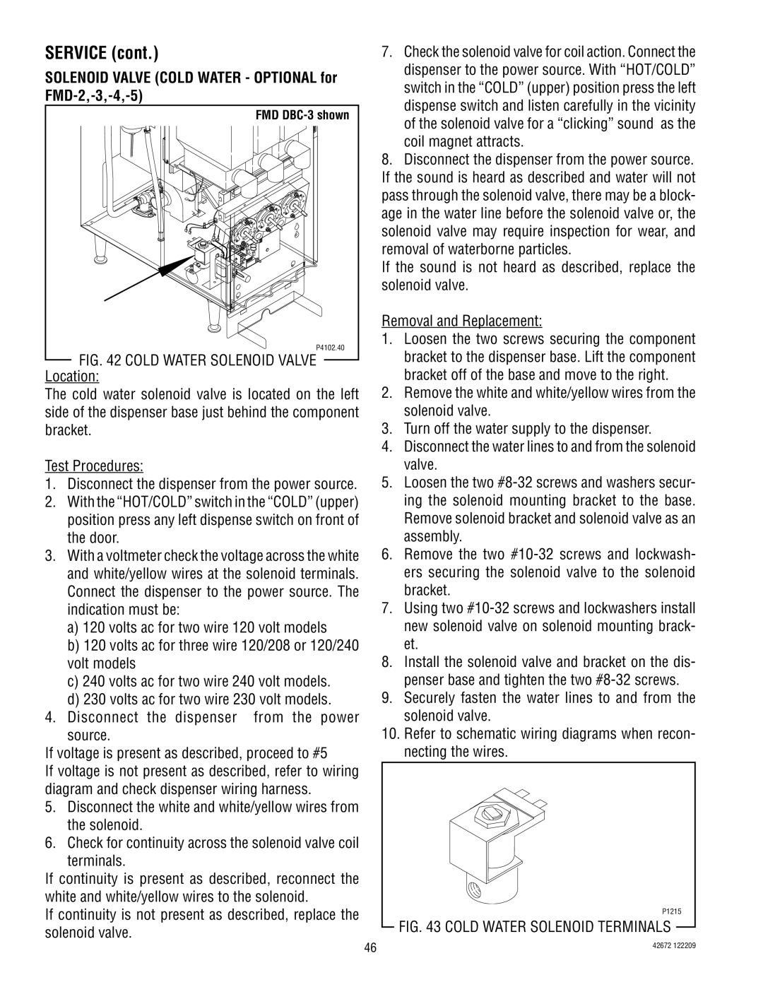 Bunn FMD-5, FMD-4 manual Solenoid Valve Cold Water Optional for FMD-2,-3,-4,-5, Cold Water Solenoid Terminals 