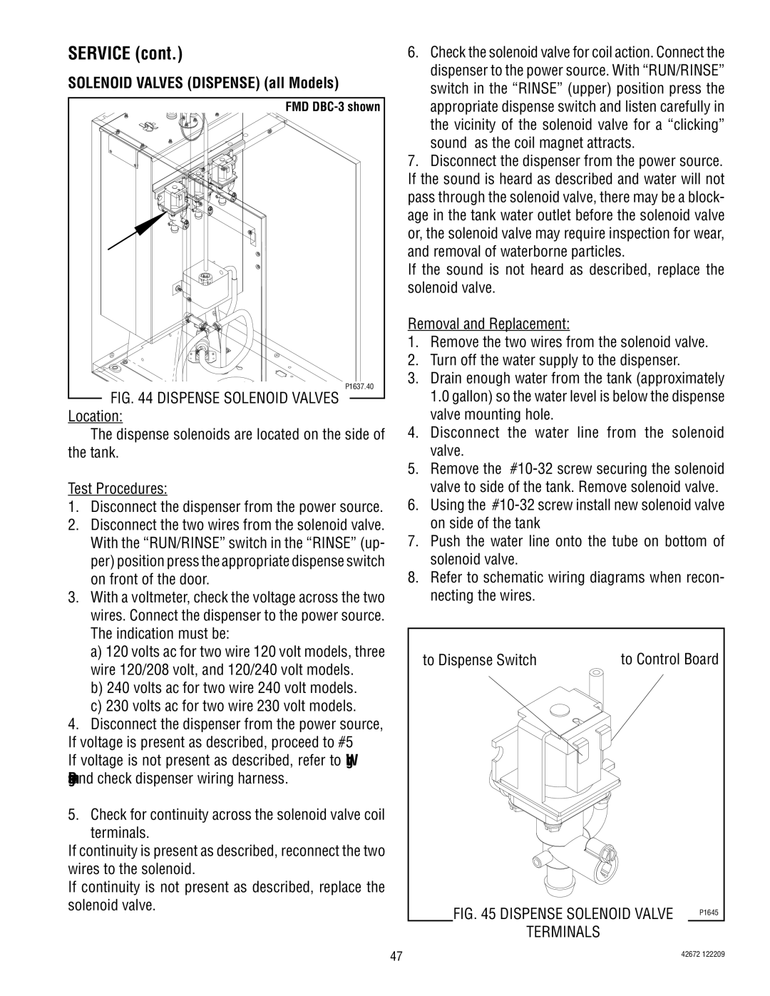 Bunn FMD-4, FMD-5 manual Solenoid Valves Dispense all Models, Dispense Solenoid Valves P1637.40 Location 