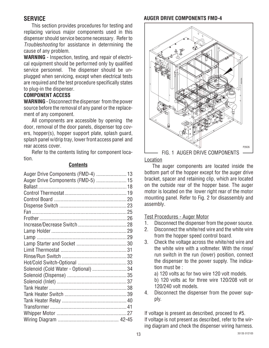 Bunn FMD-5 service manual Service, Component Access, Contents, Auger Drive Components FMD-4 