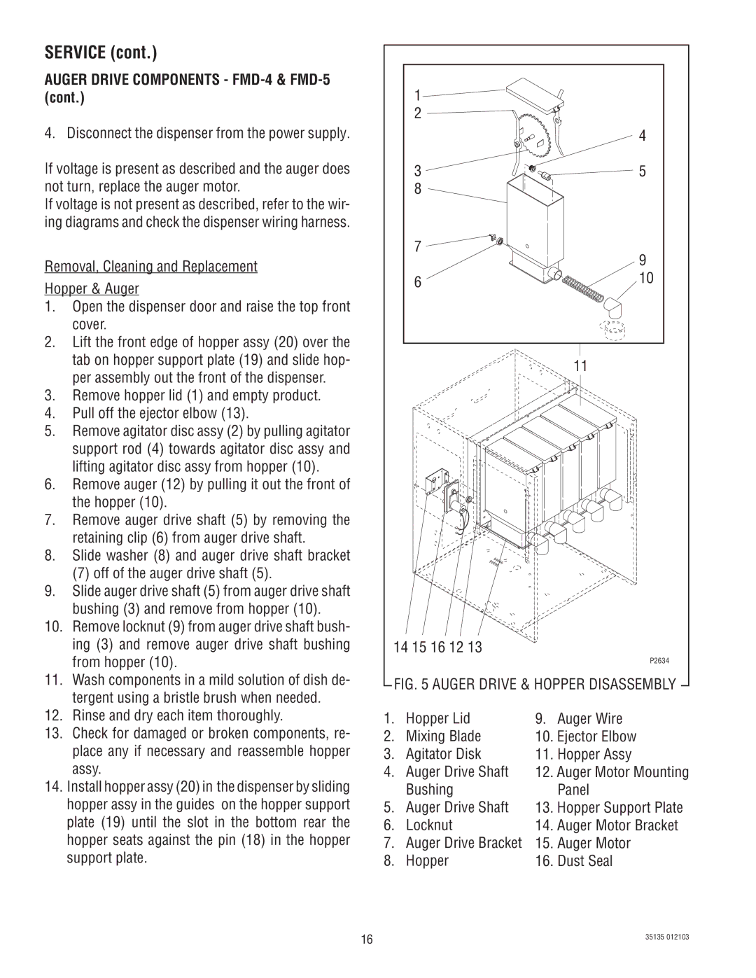 Bunn service manual Auger Drive Components FMD-4 & FMD-5, Bushing Panel Auger Drive Shaft, Locknut, Hopper Dust Seal 