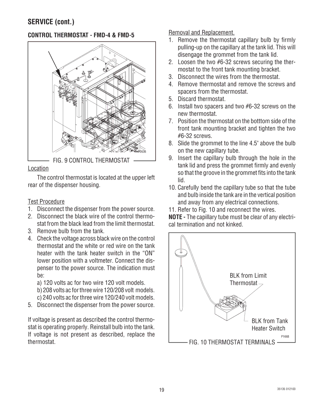 Bunn FMD-4, FMD-5 service manual Control Thermostat, Location 