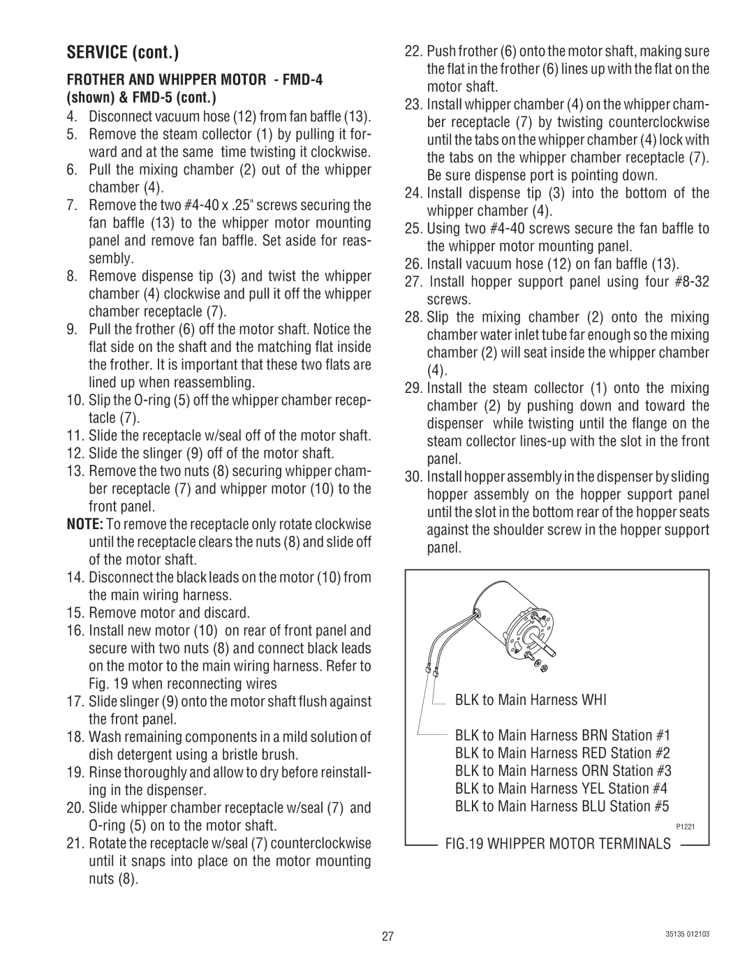 Bunn FMD-4, FMD-5 service manual Whipper Motor Terminals 