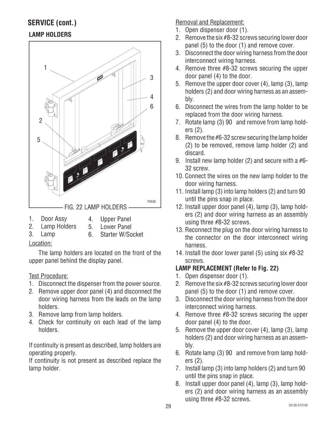 Bunn FMD-4, FMD-5 service manual Door Assy Upper Panel Lamp Holders Lower Panel, Lamp Replacement Refer to Fig 