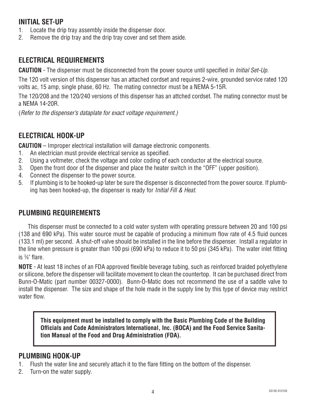 Bunn FMD-5, FMD-4 Initial SET-UP, Electrical Requirements, Electrical HOOK-UP, Plumbing Requirements, Plumbing HOOK-UP 